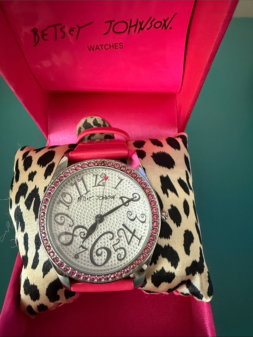 Betsey Johnson Pink Crystal Bezel Watch with Silver Dial